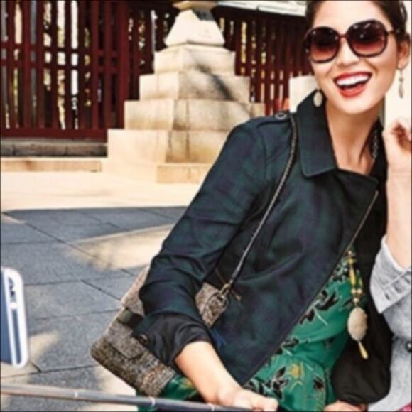 CAbi #3181 Green & Navy Blue Tartan Plaid Zip Front Moto Jacket Size 6 - Picture 8 of 9